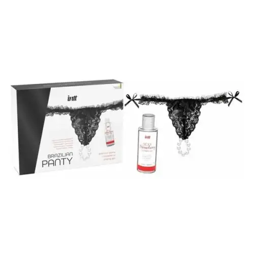 Набор Intt BRAZILIAN PANTY BLACK: трусики на завязках S-XL с жемчужным кольцом + клубничная смазка photo 1