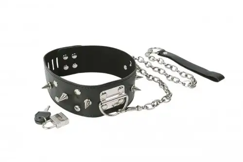 Широкий черный шипастый ошейник с поводком photo 1